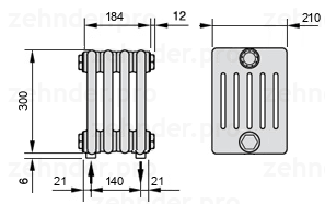 Схема (чертеж) Радиатор Zehnder Charleston 6030/4 №3570 Белый глянцевый RAL 9016